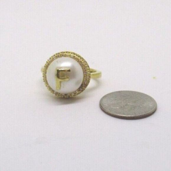 Freshwater Pearl 12mm and Simulated Diamond Initial F Ring in 18K YG Pla… - Picture 7 of 8